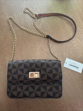 fab'rik Brown Geometric Crossbody with Gold Chain